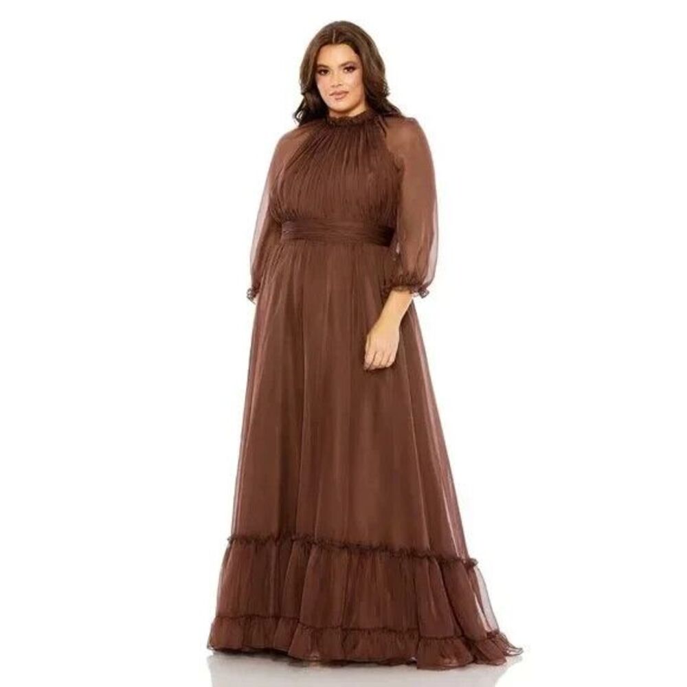 Mac Duggal 68426 Chocolate Plus Size Puff Sleeve Tiered Formal Dress Size 16W